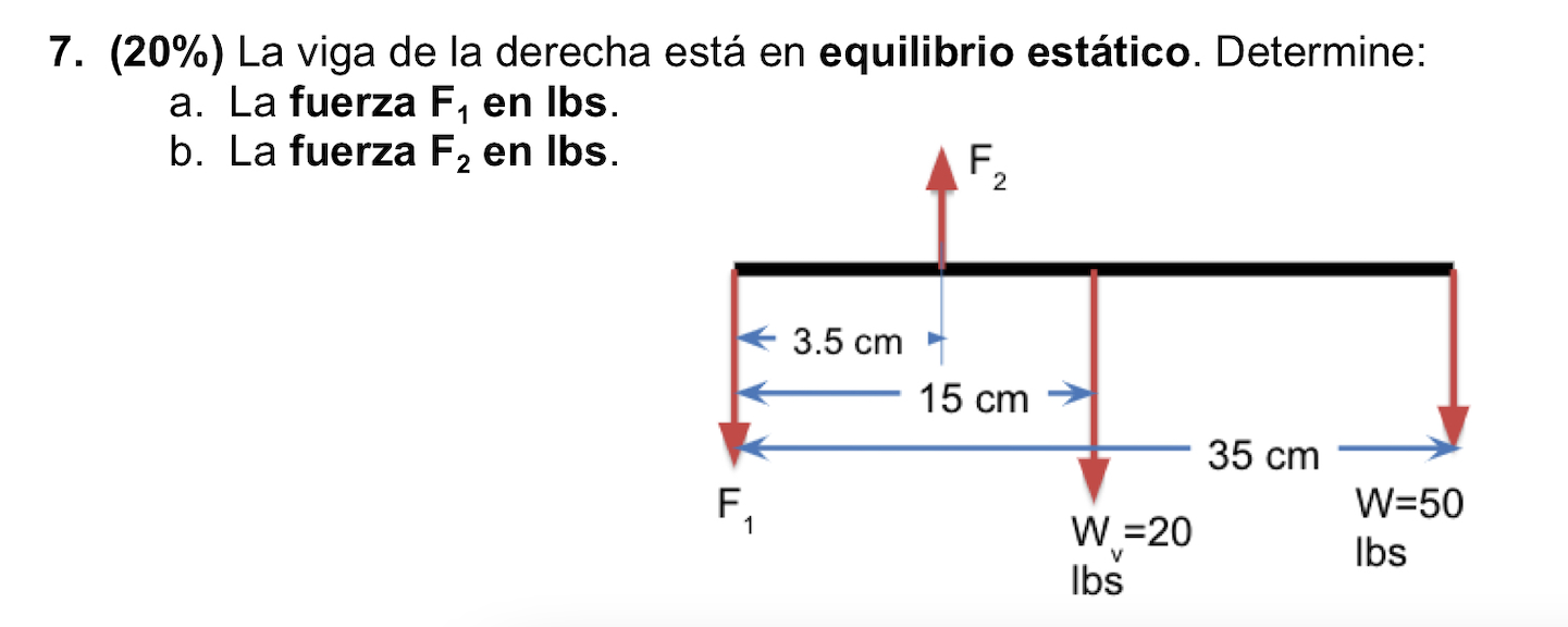 7. (20%) La viga de la derecha está en equilibrio estático. Determine: a. La fuerza F, en lbs. b. La fuerza F2 en Ibs. AFZ 1