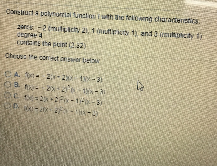 Solved Construct a polynomial function f with the following | Chegg.com