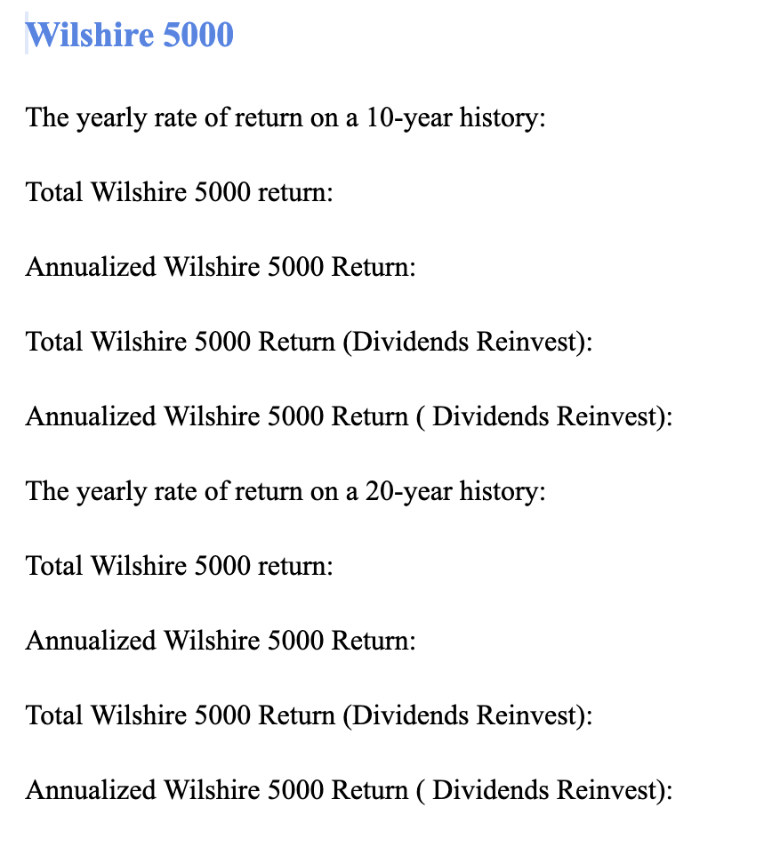 Wilshire 5000 The yearly rate of return on a 10year