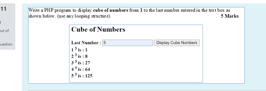 Solved 11 Write a PHP program to display cube of numbers | Chegg.com