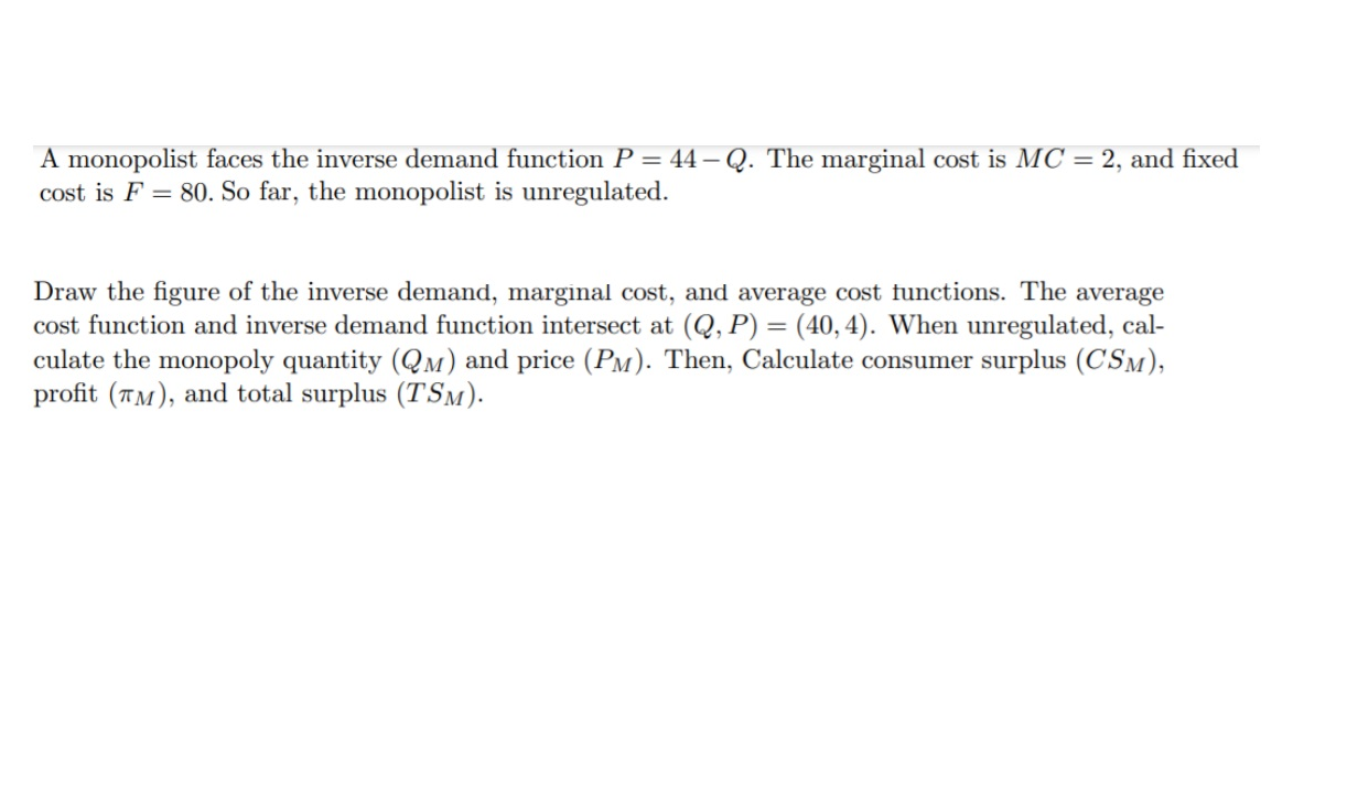 Solved A monopolist faces the inverse demand function P = 44