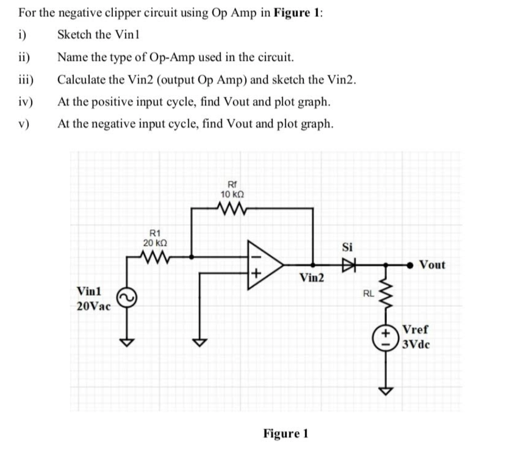 Solved For the negative clipper circuit using Op Amp in