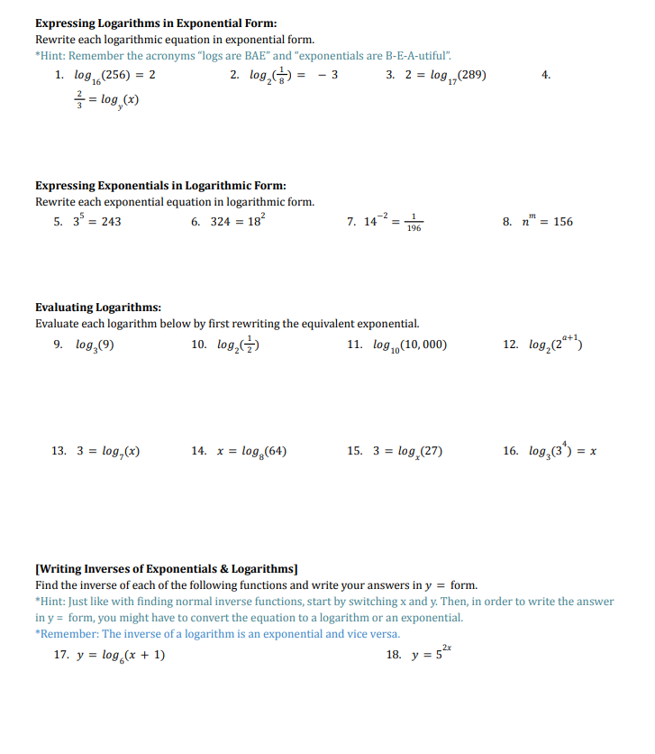 Solved Expressing Logarithms in Exponential Form Rewrite