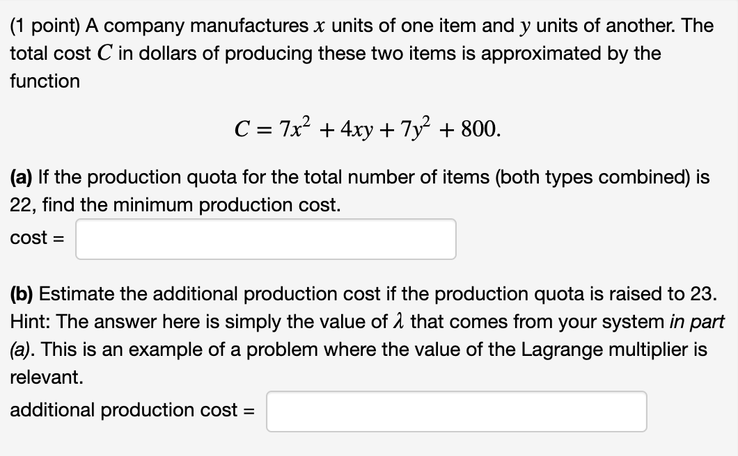 Solved (1 Point) A Company Manufactures X Units Of One Item | Chegg.com