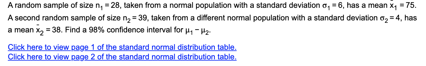 Solved A random sample of size ni = 28, taken from a normal | Chegg.com