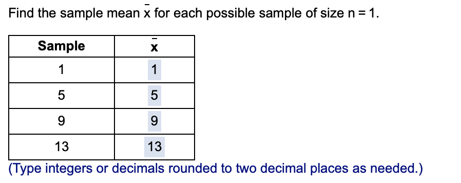 Solved Find the sample mean x for each possible sample of | Chegg.com