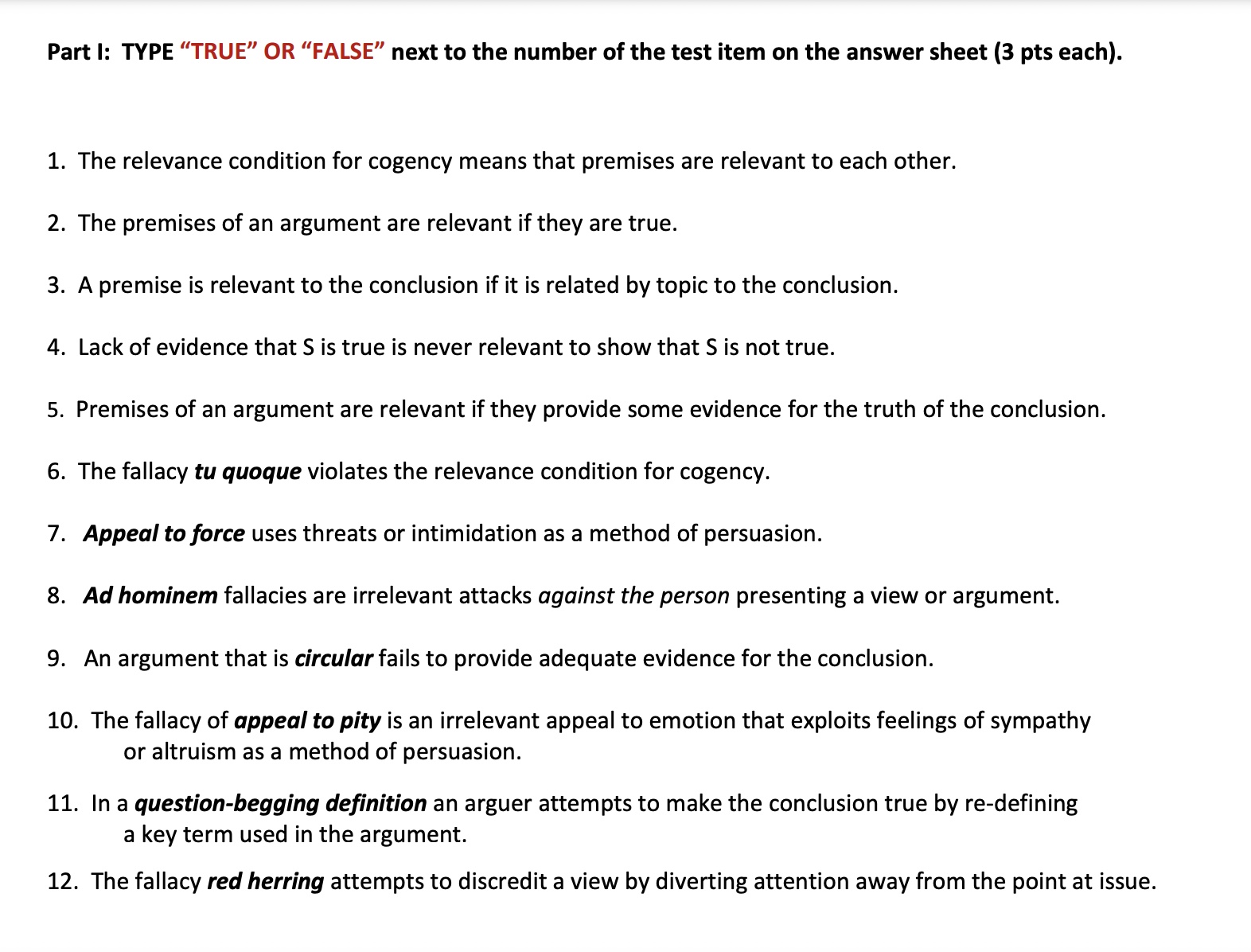 Part I: TYPE &ldquo;TRUE&rdquo; OR &ldquo;FALSE&rdquo; next to the number of | Chegg.com