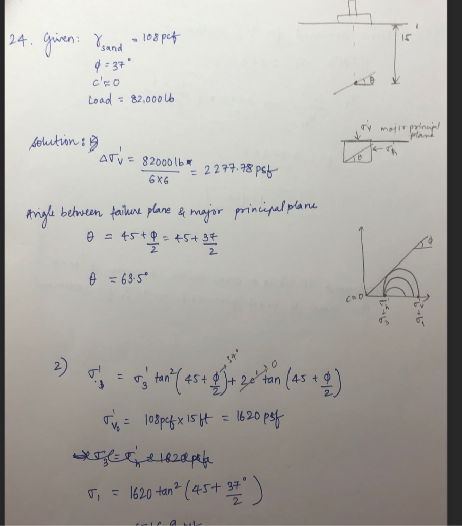 16
24. given: Isand = 108pct
$ = 37°
cro
Load = 82,000 lb
ty major principal
plane
solution : B
AVV = 8200016*
= 2277.78 psf