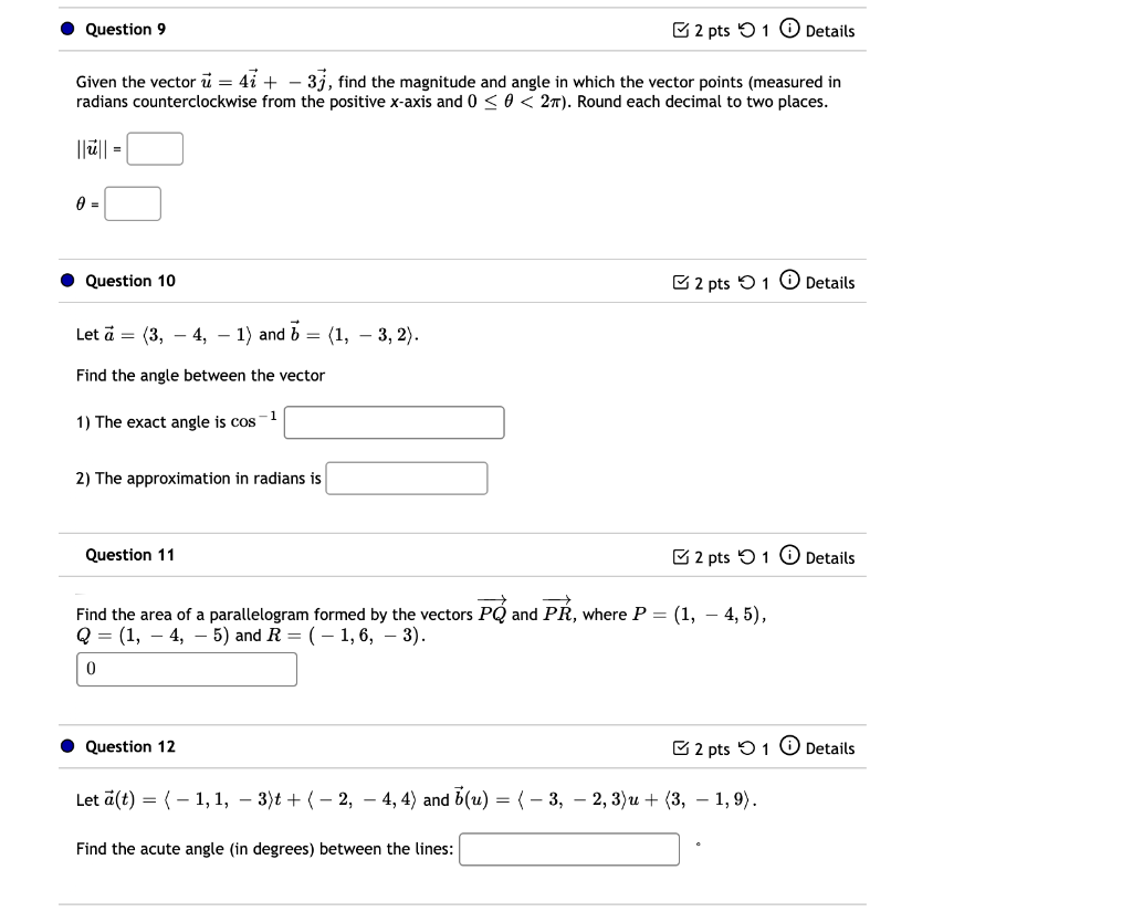 Question 9 2 Pts 5 1 0 Details Given The Vector U Chegg Com