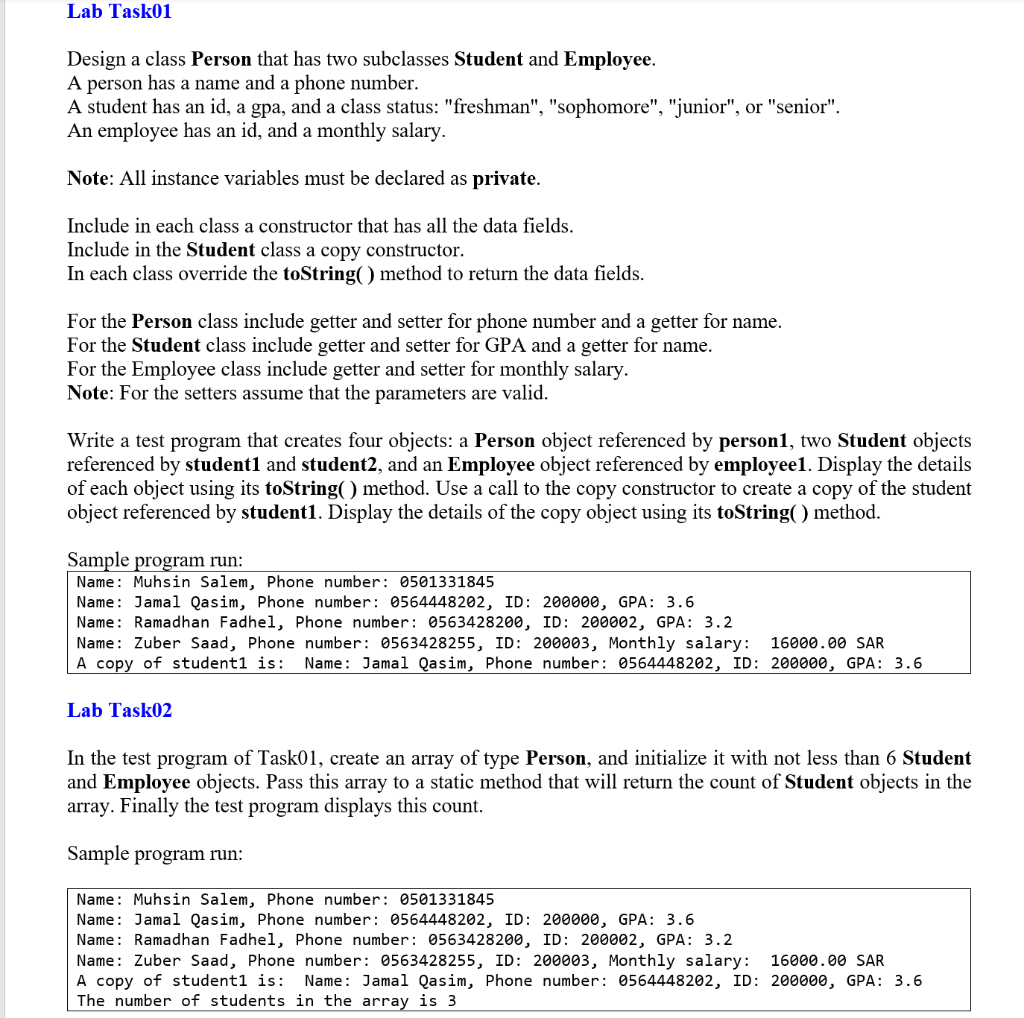 Solved Lab Task01 Design a class Person that has two | Chegg.com