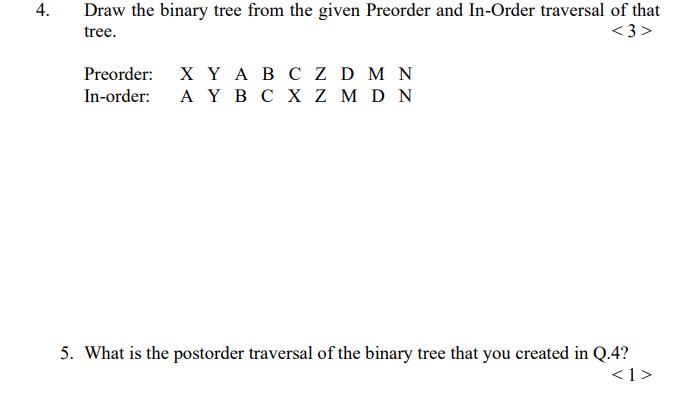 Draw the binary tree from the given Preorder and In-Order traversal of that < 3> tree. X Y A B C Z D M N AYВсх Z MD N Preorde
