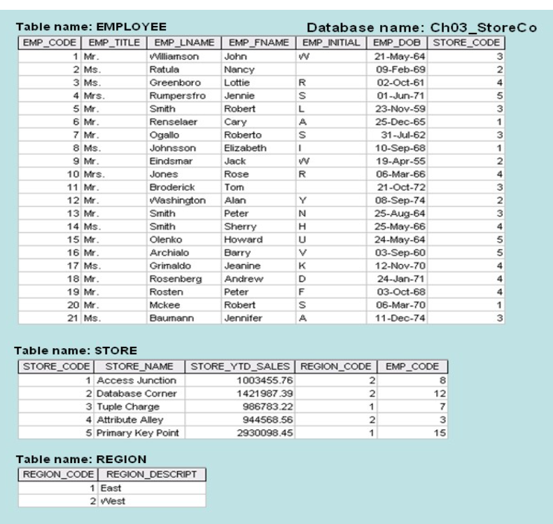 Solved Table name: EMPLOYEE Database name: Ch03_Storeco | Chegg.com