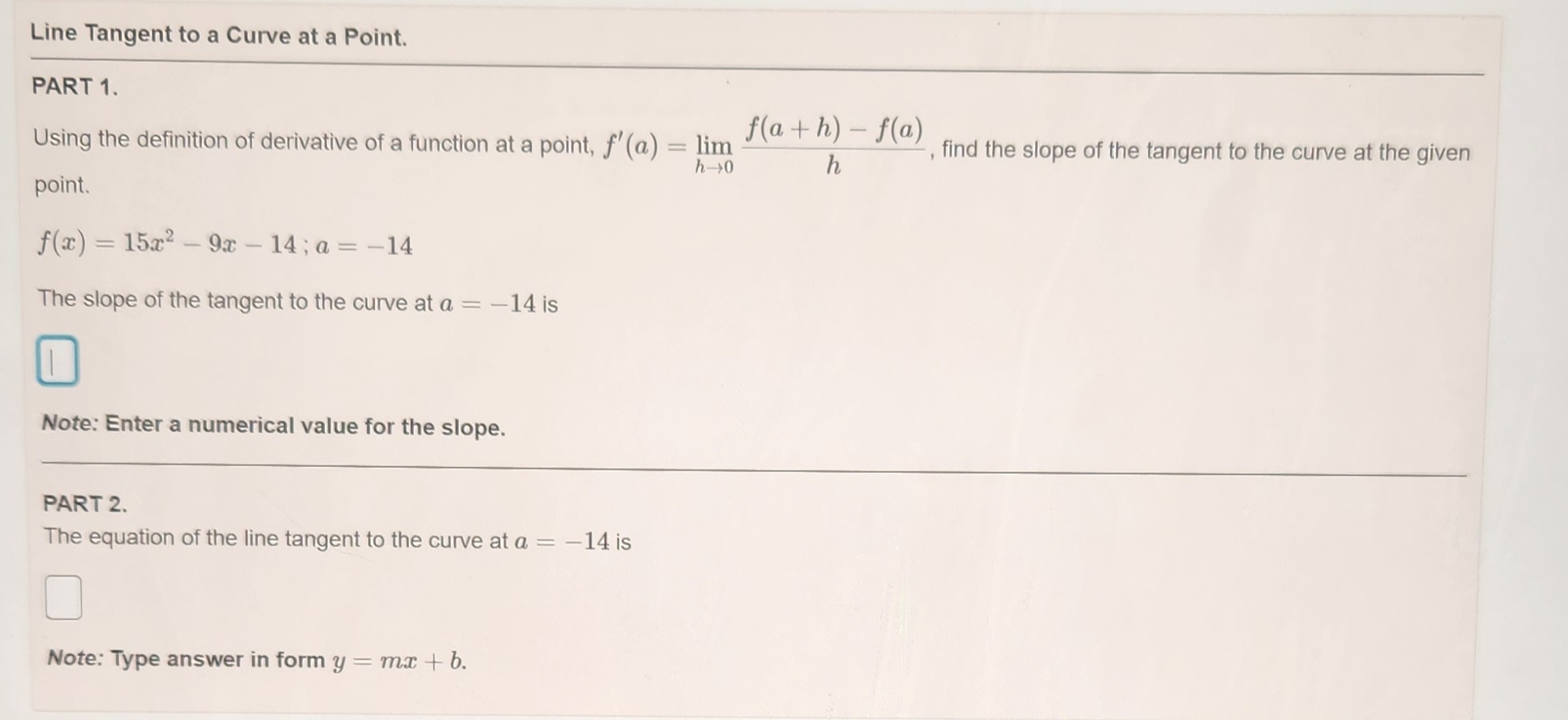 using the definition of derivative of a function at a point