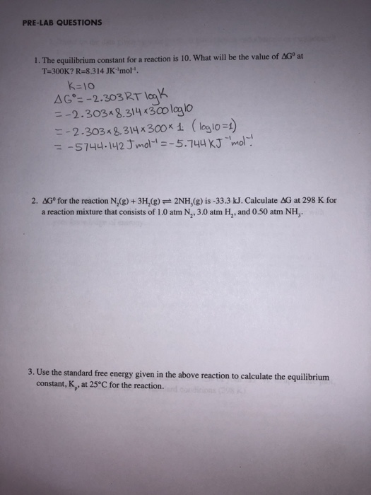 Solved PRE-LAB QUESTIONS 1. The Equilibrium Constant For A | Chegg.com