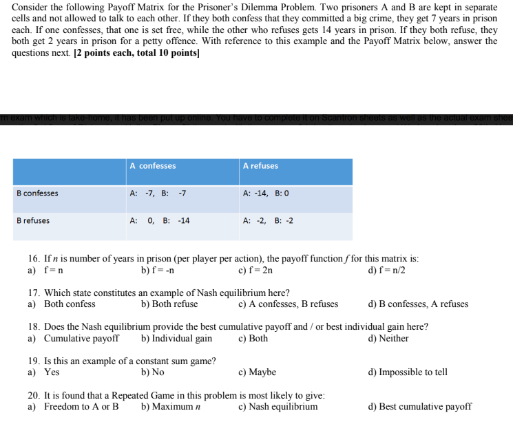 Solved Consider the following Payoff Matrix for the | Chegg.com