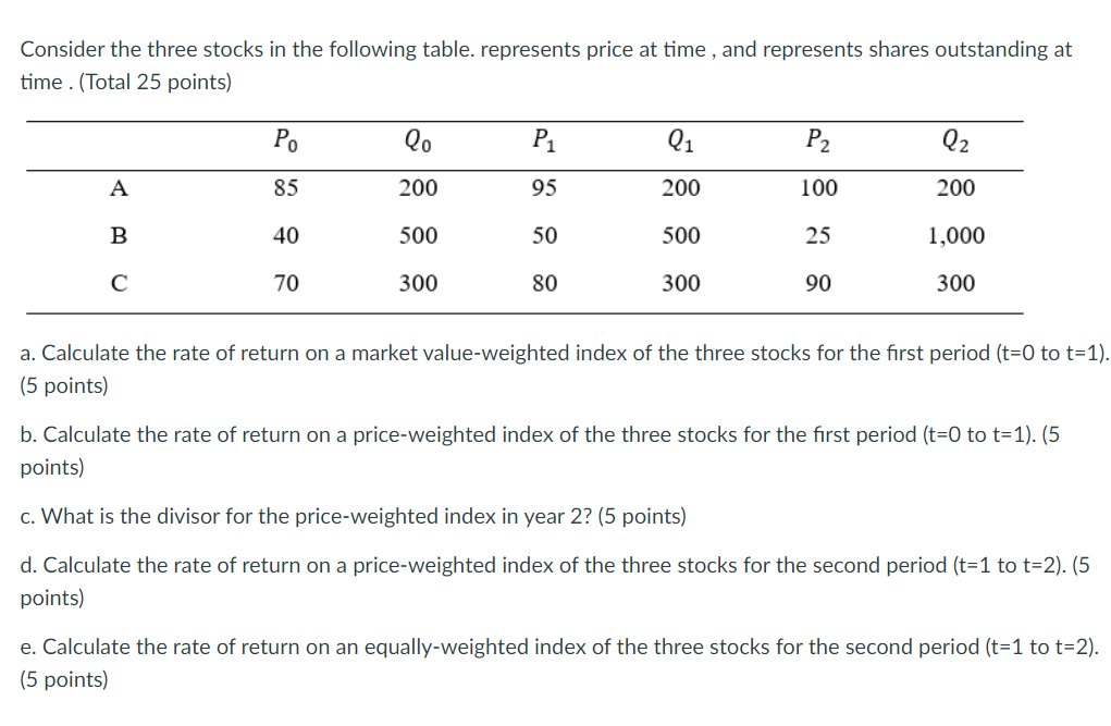Solved Consider the three stocks in the following table. | Chegg.com