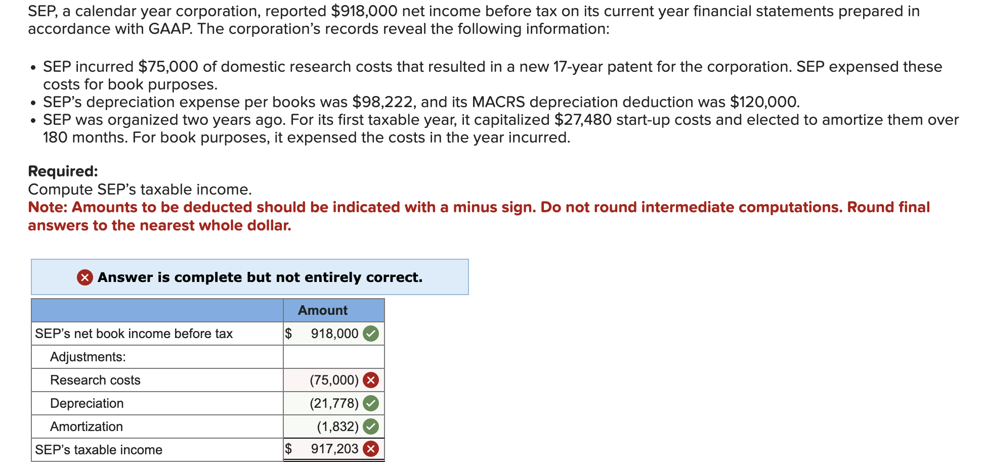 SEP, a calendar year corporation, reported \( \$ 918,000 \) net income before tax on its current year financial statements pr