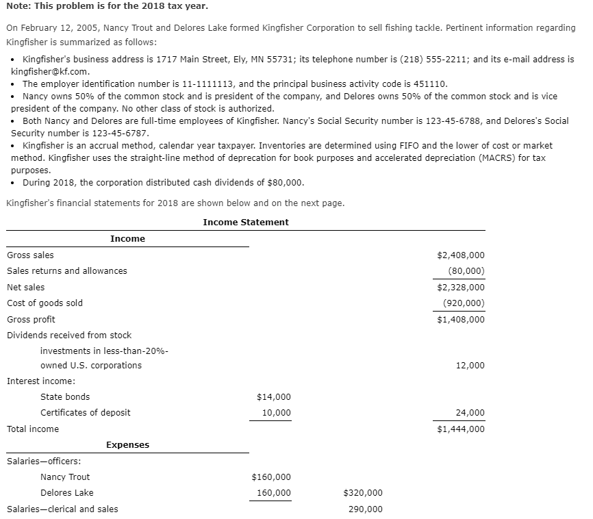 Note: This problem is for the 2018 tax year. On | Chegg.com