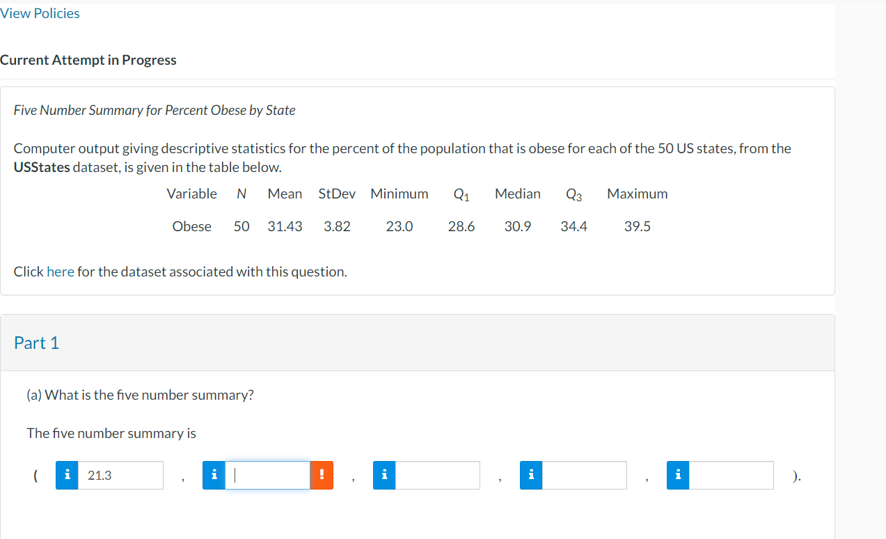 Solved Current Attempt in Progress Five Number Summary for | Chegg.com