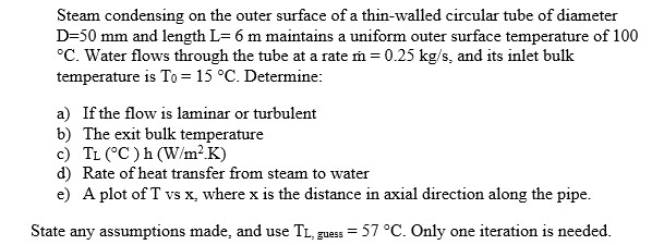 Solved Steam Condensing On The Outer Surface Of A Thin Wa Chegg Com