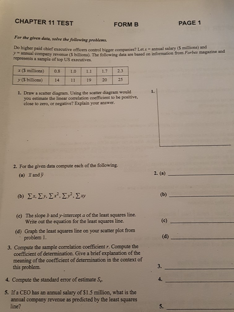 Solved CHAPTER 11 TEST PAGE 1 FORM B For the given data, | Chegg.com