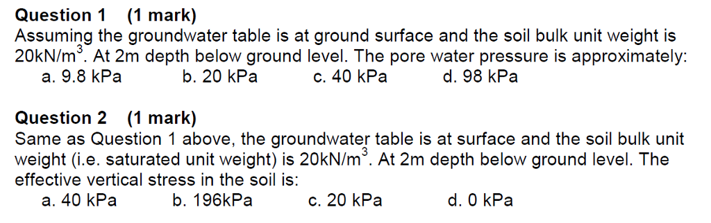 Solved Question 1 (1 mark) Assuming the groundwater table is | Chegg.com