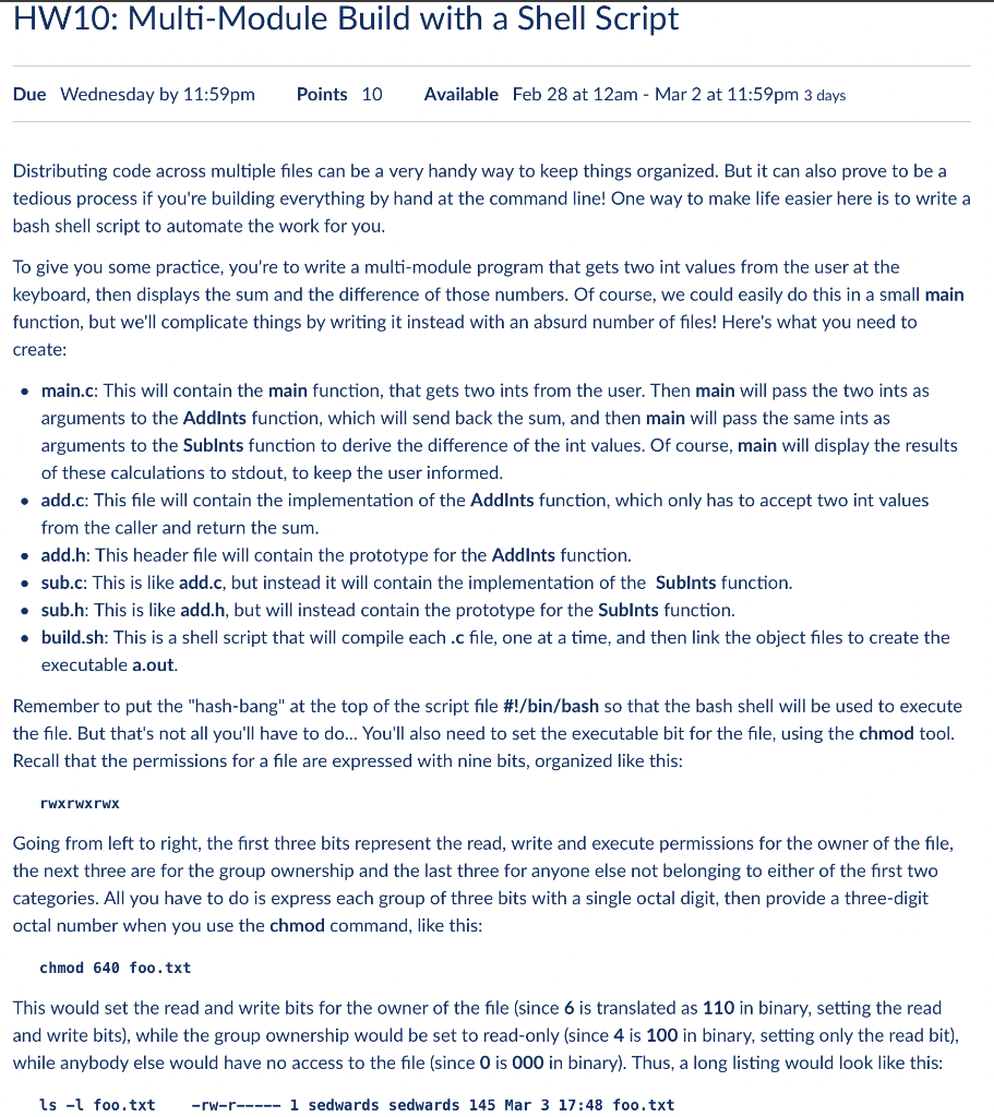 Solved HW10: Multi-Module Build with a Shell Script a Due | Chegg.com