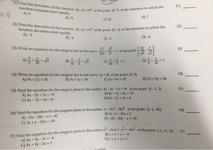 Solved Find the derivative of the function f(x, y) = e^xy at | Chegg.com