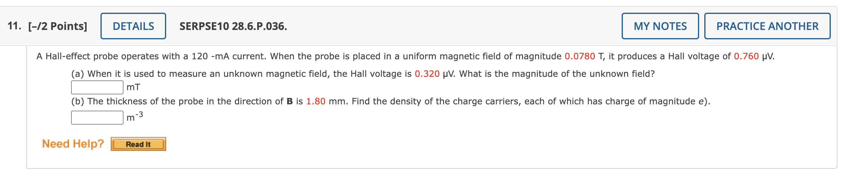 Solved [/2 Points] SERPSE10 28.6.P.036. A Halleffect probe