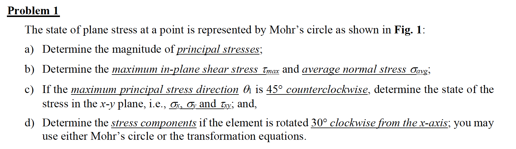 Solved Problem 1 The state of plane stress at a point is | Chegg.com