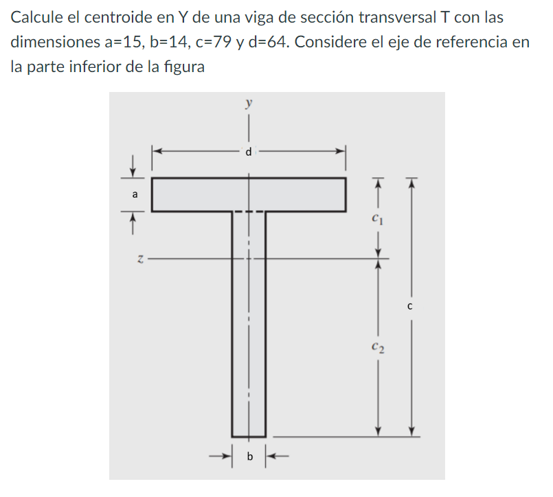 Calcule el centroide en \( \mathrm{Y} \) de una viga de sección transversal \( \mathrm{T} \) con las dimensiones \( a=15, b=1