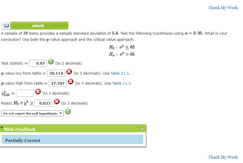 Solved Check My Work eBook A sample of 19 items provides a | Chegg.com