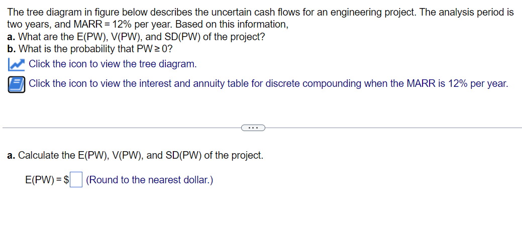 The tree diagram in figure below describes the uncertain cash flows for an engineering project. The analysis period is two ye