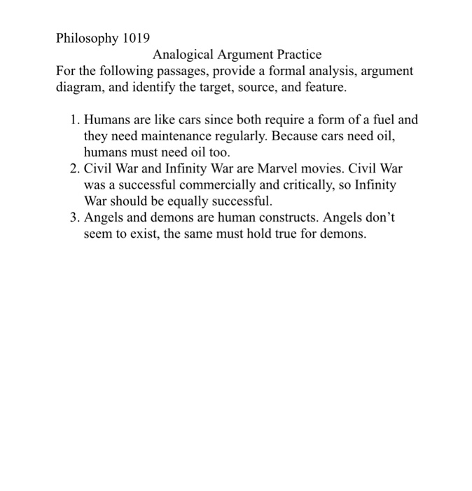 Philosophy 1019 Analogical Argument Practice For The | Chegg.com