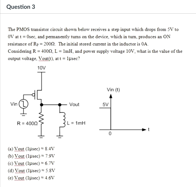 Solved Question 3 The PMOS transistor circuit shown below