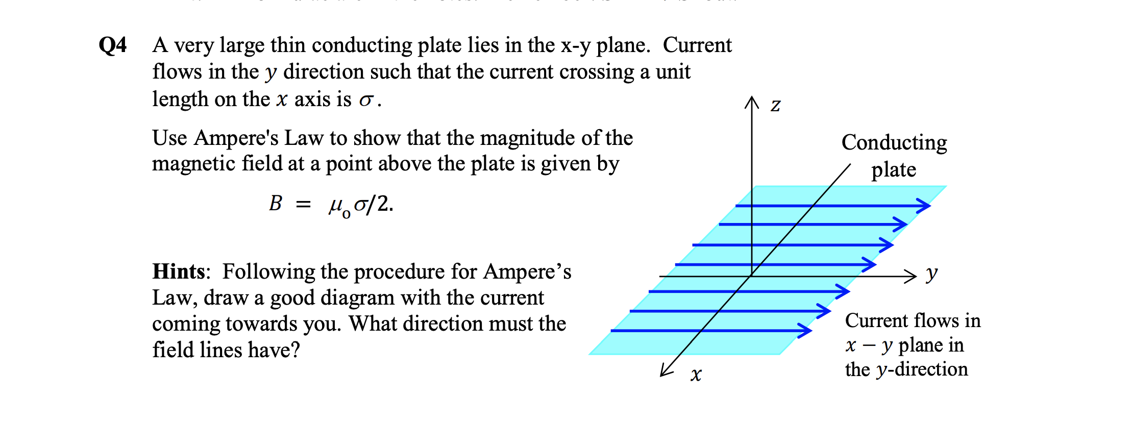 Solved Q4 A very large thin conducting plate lies in the x-y | Chegg.com