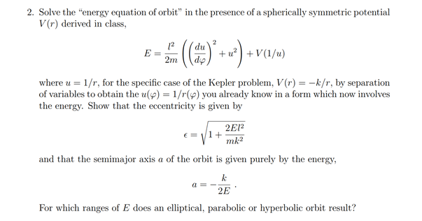 Solved 2. Solve the energy equation of orbit