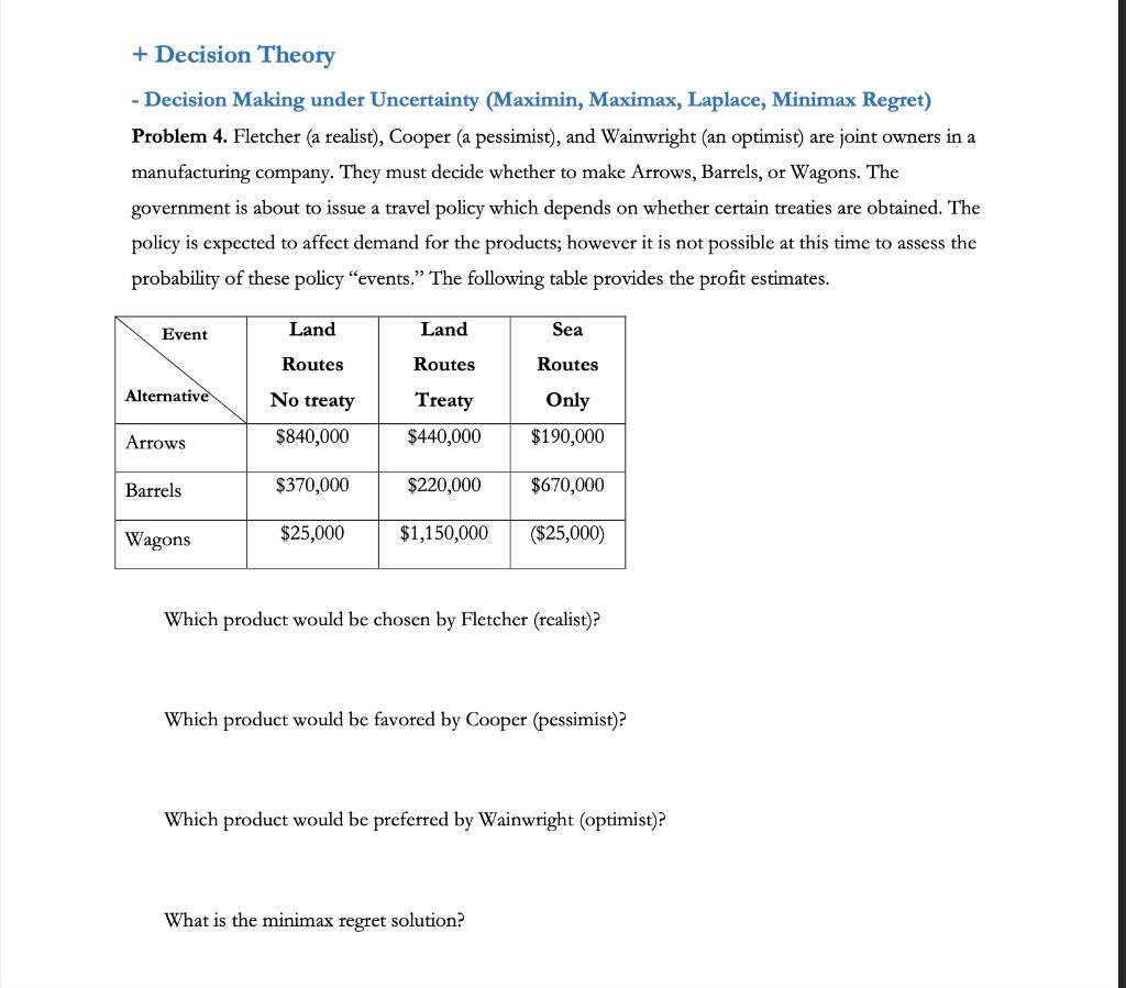 + Decision Theory
- Decision Making under Uncertainty (Maximin, Maximax, Laplace, Minimax Regret)
Problem 4. Fletcher (a real