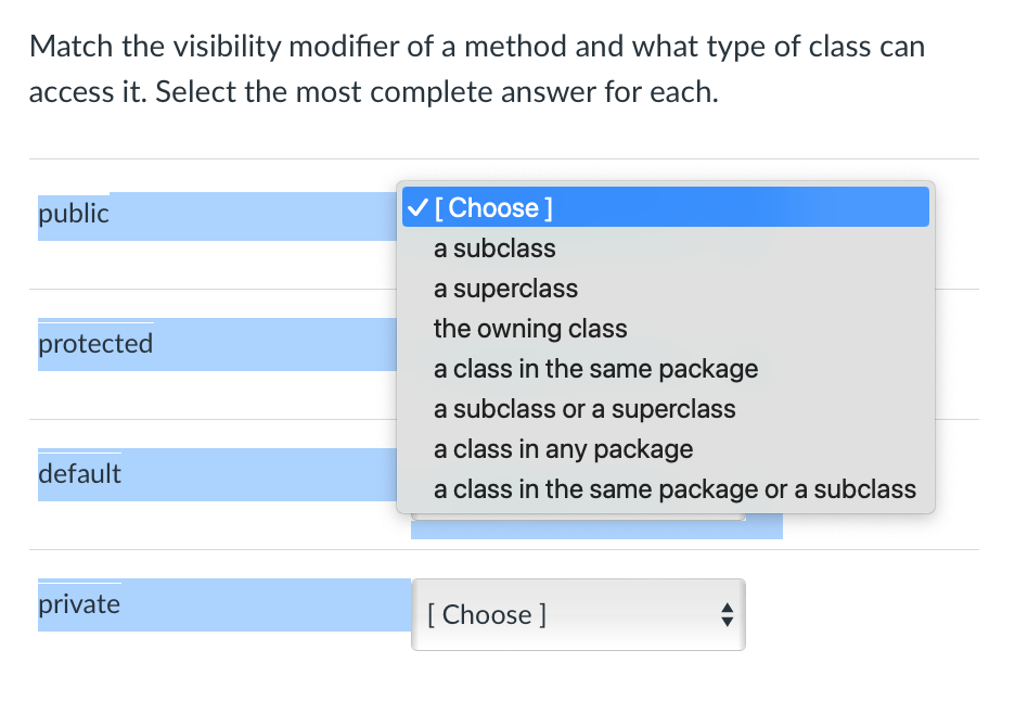 Solved Match the visibility modifier of a method and what | Chegg.com