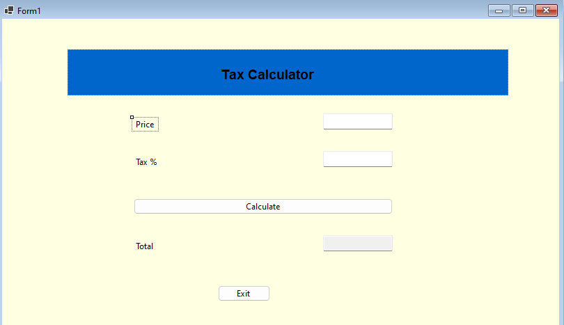 Tax CalculatorPriceTax %CalculateTotal please assist | Chegg.com