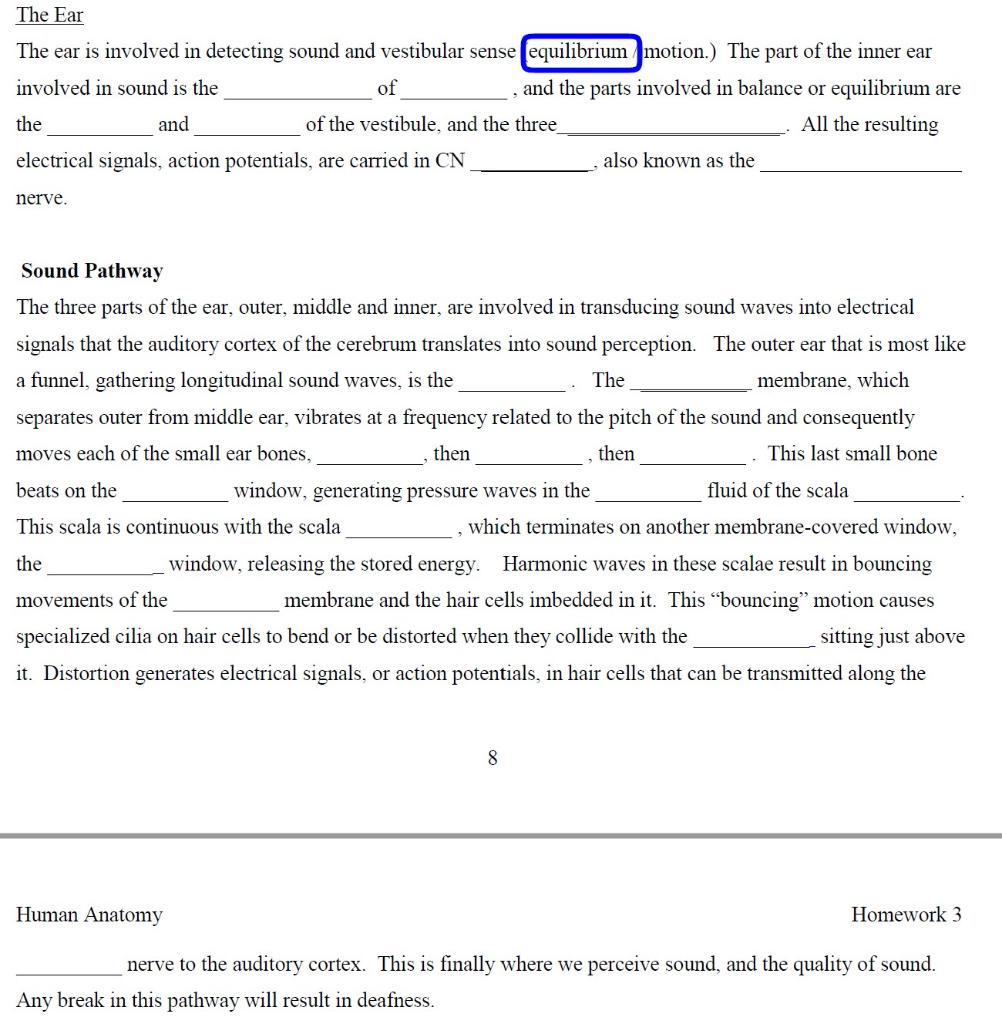 Solved The Ear The ear is involved in detecting sound and | Chegg.com