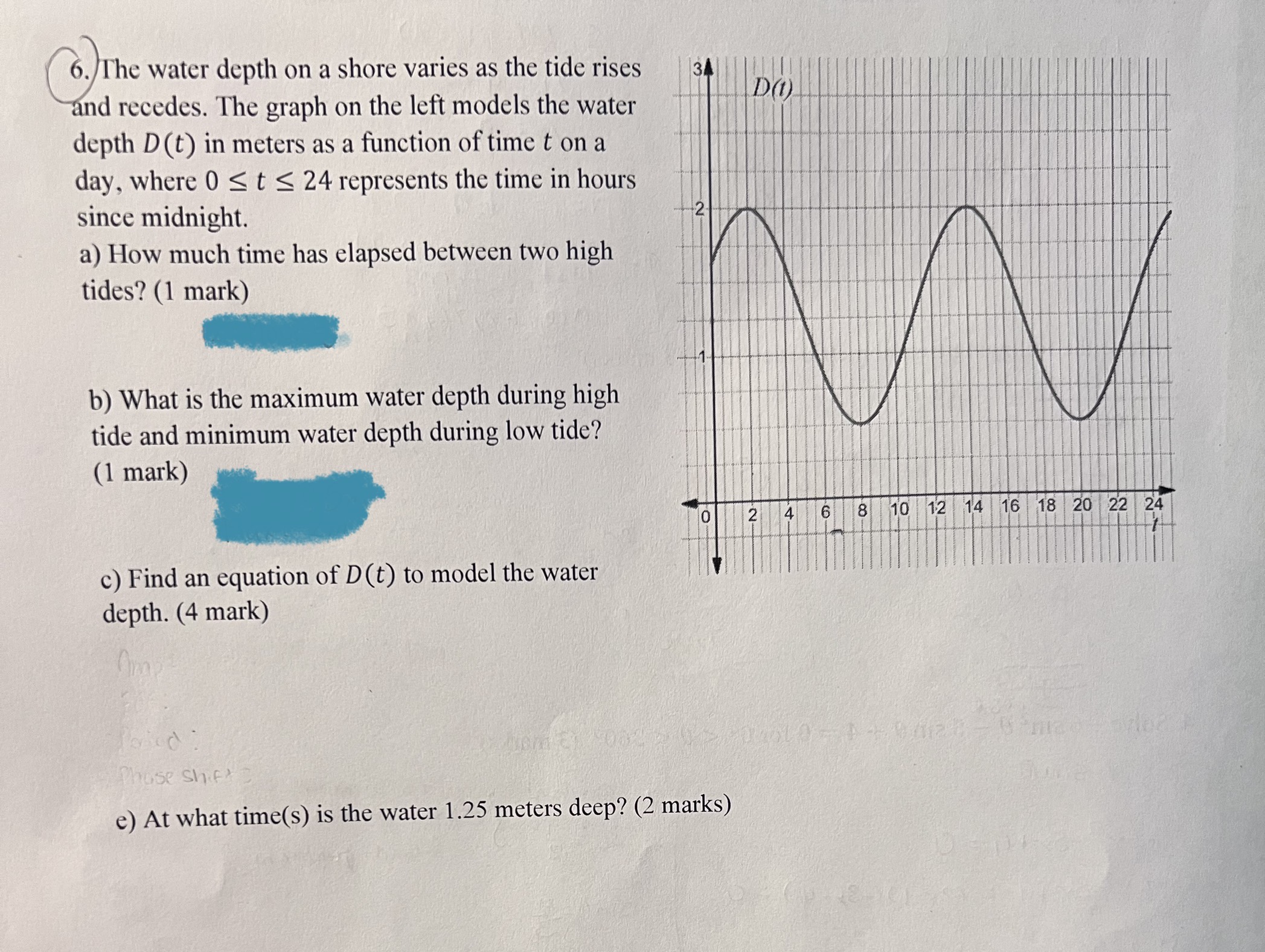 Solved 6. The water depth on a shore varies as the tide | Chegg.com