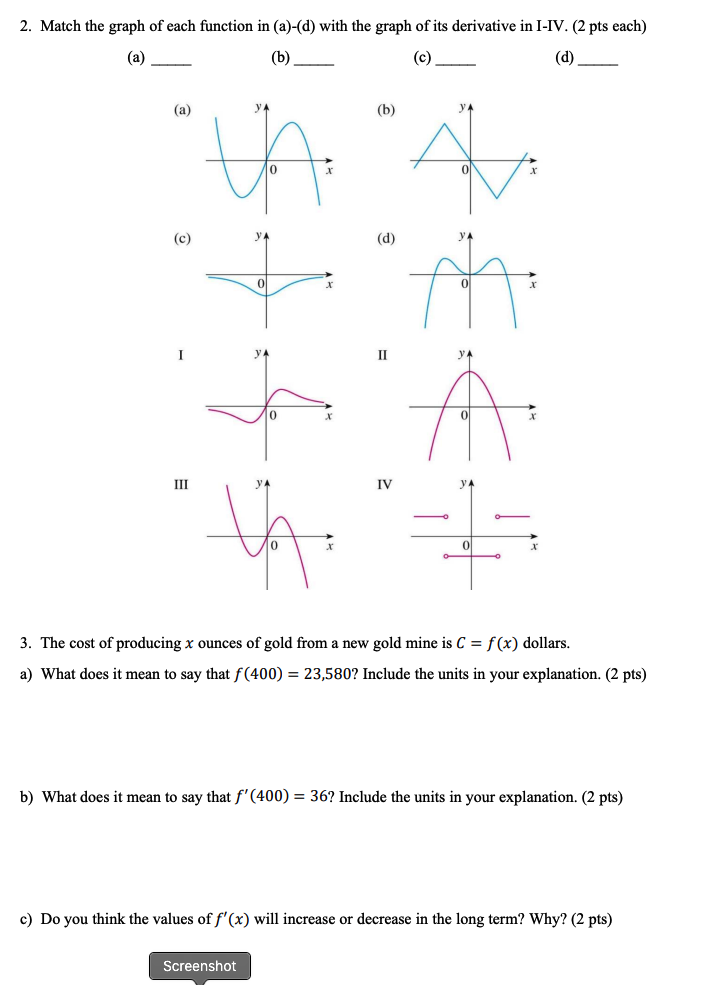 Solved 2. Match the graph of each function in (a)-(d) with | Chegg.com