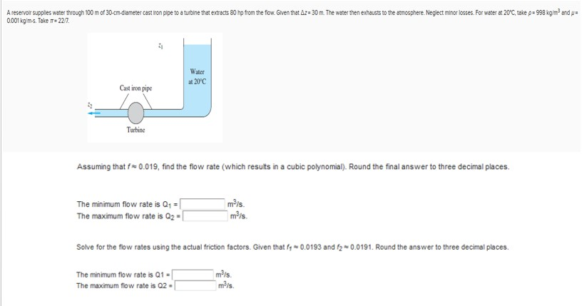 Solved A reservoir Supplies water through 100 m of | Chegg.com