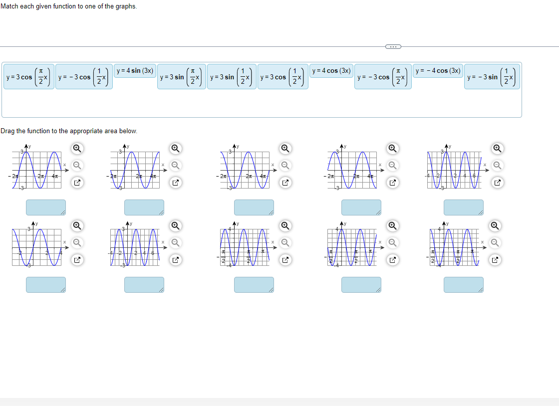 Match each given function to one of the graphs. \( y=3 \cos \left(\frac{\pi}{2} x\right) y=-3 \cos \left(\frac{1}{2} x\right)