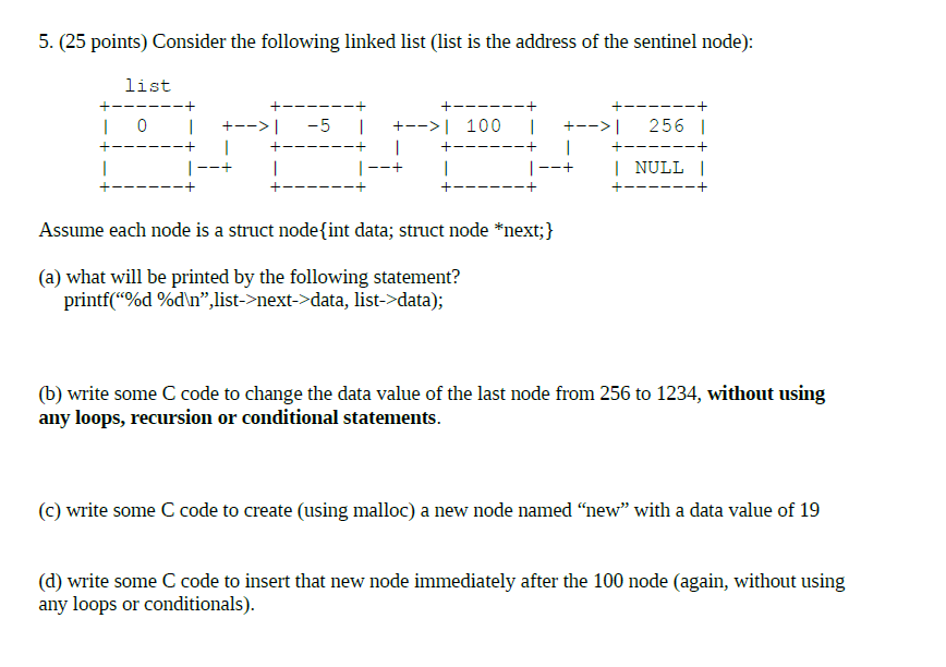 Solved 5. (25 points) Consider the following linked list | Chegg.com