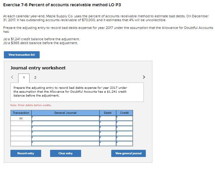 Solved Exercise 7-6 Percent Of Accounts Receivable Method LO | Chegg.com