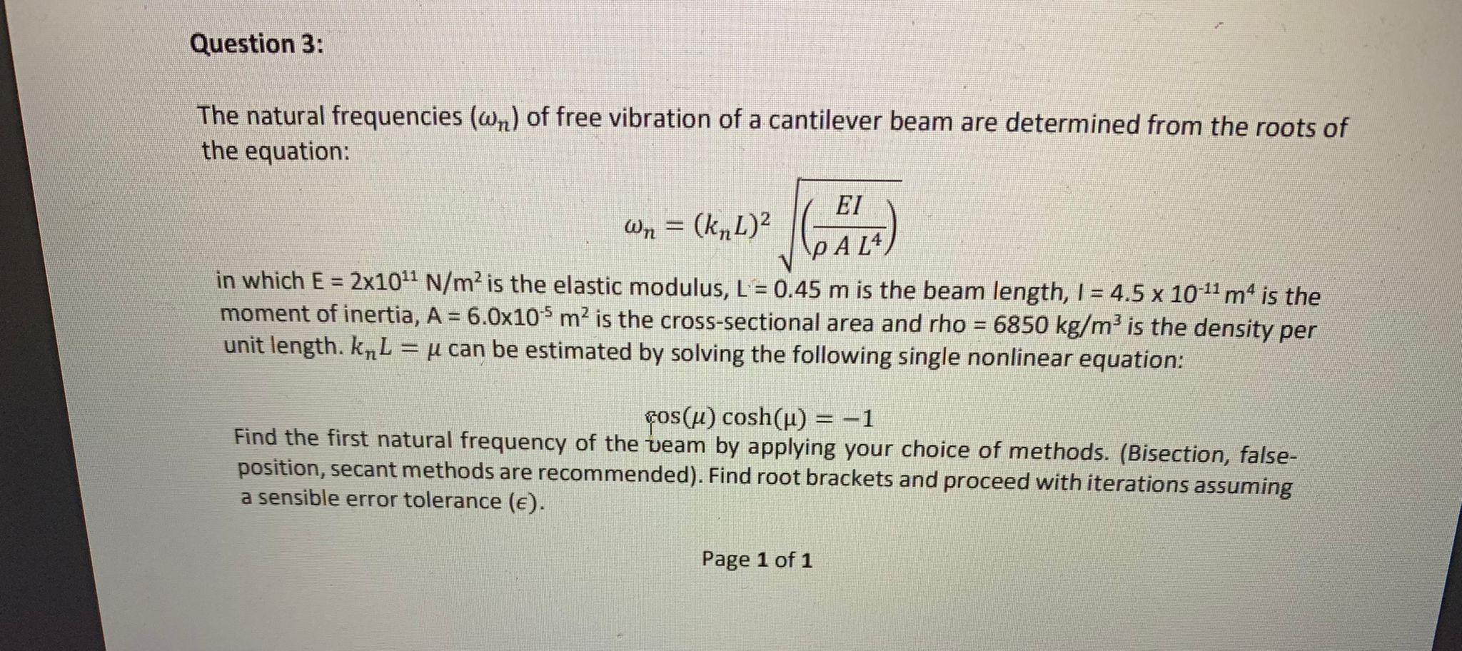 Solved Question 3: The natural frequencies (wn) of free | Chegg.com