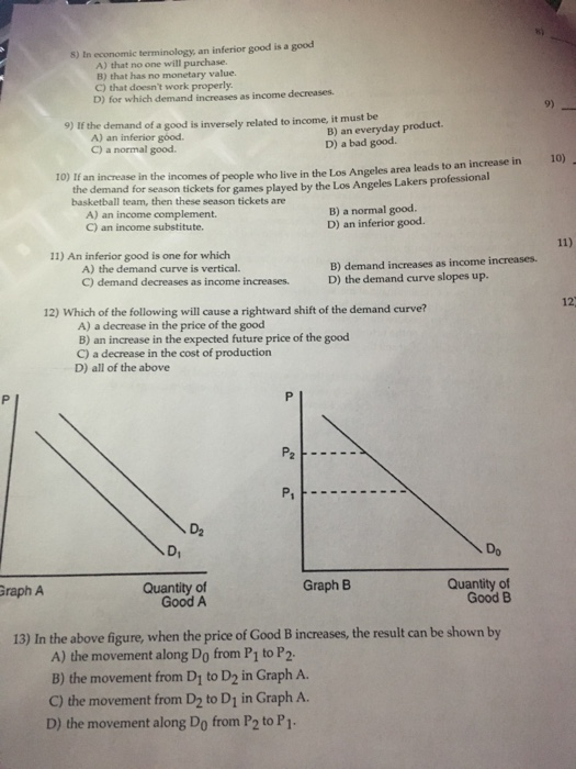 Solved 8) In economic terminology, an inferior good is a | Chegg.com