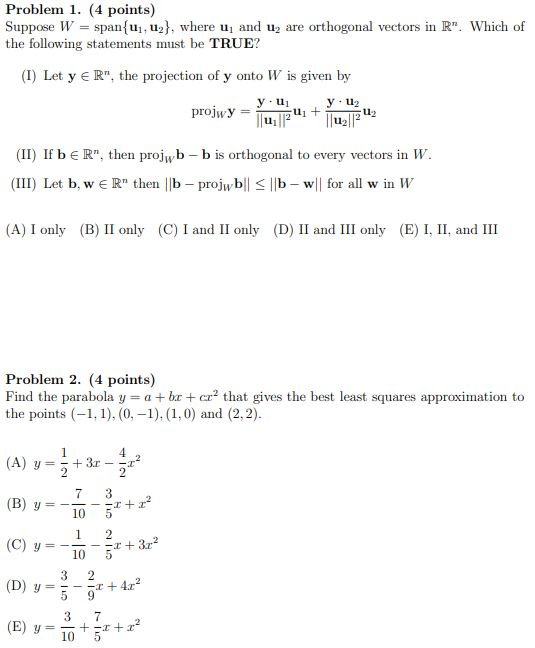 Solved Problem 1 4 Points Suppose W Span U 2 Wher Chegg Com